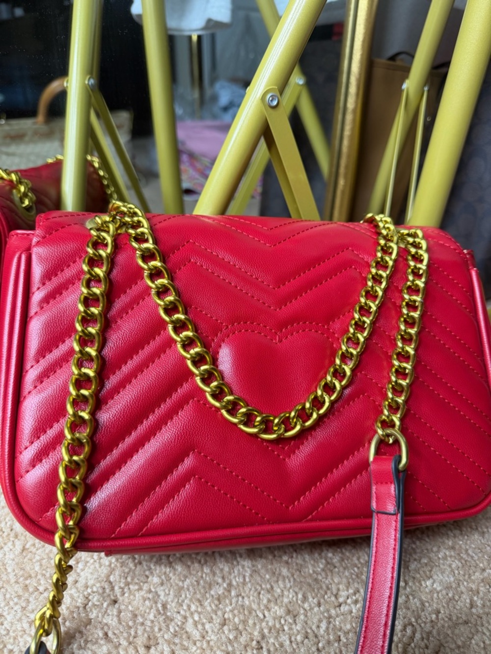 Red Quilted GG Style Gold Chain Shoulder Bag Chevron Heart Detail ❤️✨ - Picture 3 of 13